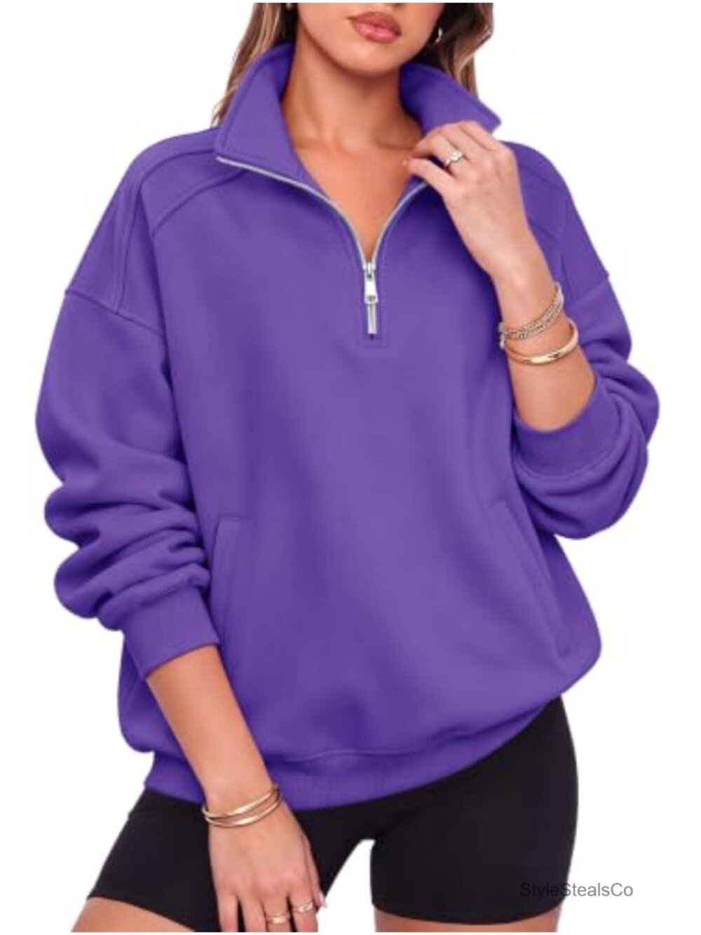 Oversized Half Zip Fleece Sweatshirt Henley Collar Kangaroo Pocket